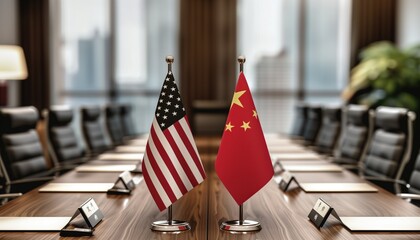 American and Chinese flags on conference table in modern office with cityscape background. Concepts of international relations, diplomacy, and business negotiations.