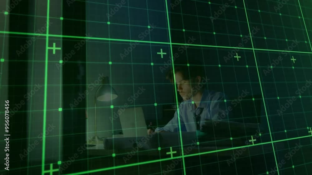 Poster grid and data points animation over man working on laptop at desk