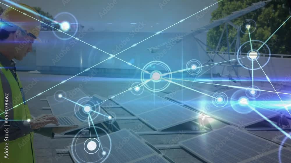 Poster engineer working with solar panels, network of connections and data processing animation