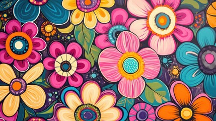 Fototapeta premium Modern cartoon-style flower pattern with pink and colorful abstract flowers on a lively background