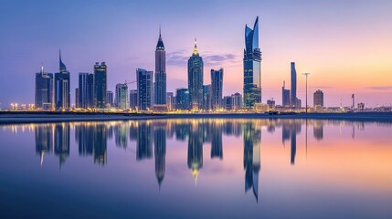 Obraz premium Modern Saudi Arabian city skyline reflecting in a serene body of water at dusk.