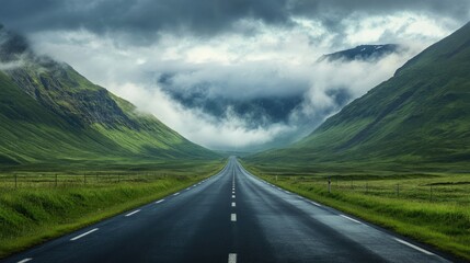 Morning view of an asphalt highway stretching through green mountains, with clouds hovering above