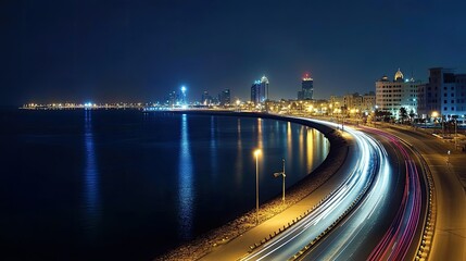 Fototapeta premium Night view of the Sheikh Isa bin Salman Causeway connecting Manama to Muharraq Island.