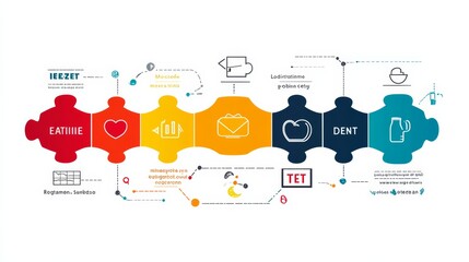 Colorful infographic with puzzle pieces illustrating workflow: eat, love, listen, email, create, deliver. Includes icons for efficiency, communication, and teamwork.