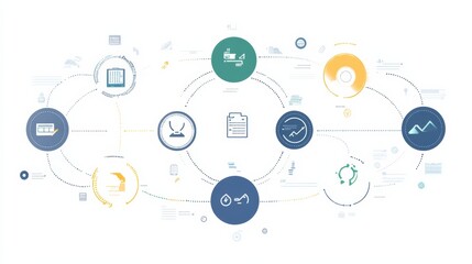 A data flow diagram illustrating interconnected components, icons, and processes, including charts, documents, devices, and symbols, representing data management and network systems.