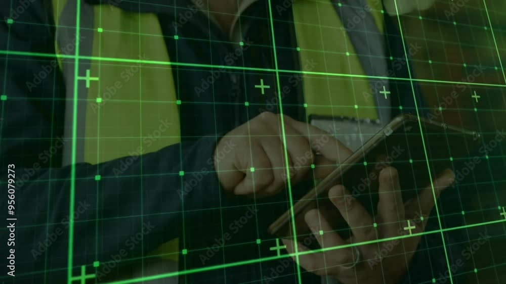 Poster using tablet, person with grid and data points animation over screen