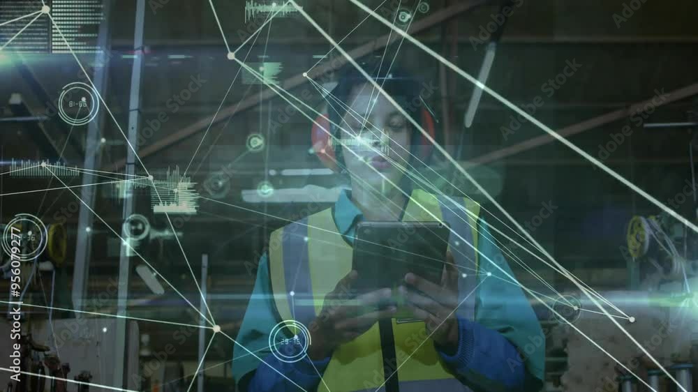 Poster using tablet, industrial worker with network connections and data processing animation