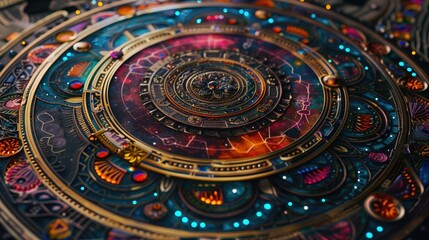 Obraz premium Intricate, colorful mandala with detailed patterns and glowing elements in concentric circles. Concepts of spirituality, art, and meditation.