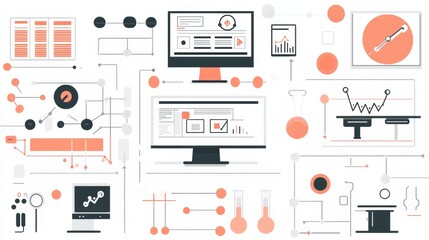 Illustration of data analytics concepts with multiple charts, graphs, and computer screens depicting statistical analysis and digital information processing tools.