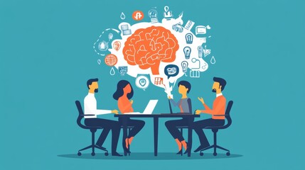 Four people brainstorming at a table with vivid icons of a brain and various ideas, representing creative and collaborative thinking.