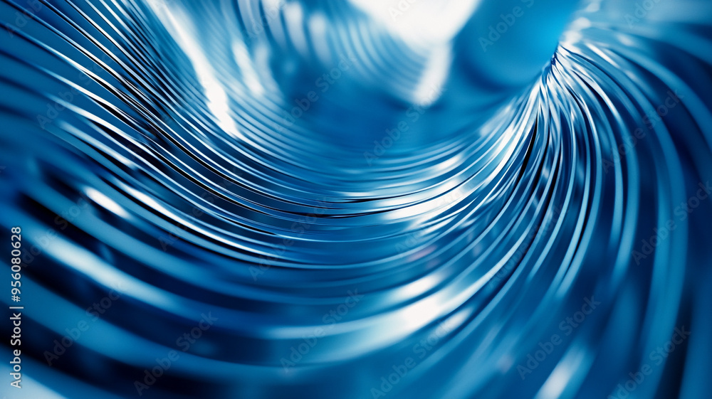 Poster abstract illustration of swirling metallic lines creating a mesmerizing blue pattern