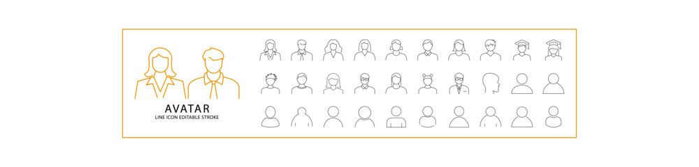 Avatar icon set whose lines can be edited. Containing avatar, profile, icon set, person, children, face, hair, woman, young, adult. Vector Illustration.