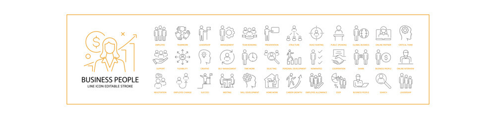 Business People Icon Set In Line Style. Containing human, group, team, person, teamwork, communication, people, meeting, leadership, management, businessman, etc. Vector Illustration.