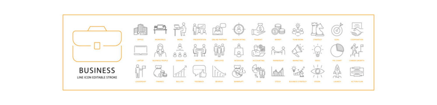 Business icons in line stylr. Containing Business, Office, Workspace, Business people, ESOP, etc. Vector illustration.