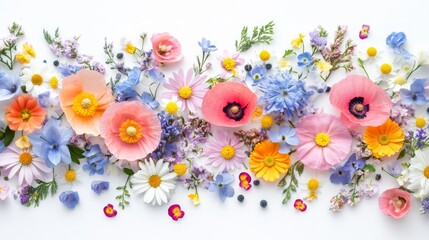 Colorful spring flowers background, flat lay with pastel colors - poppies, tulips, daisies,