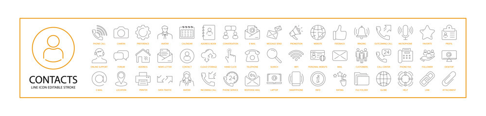 Contacts Icon Set In Line Style. Containing website, phone, mobile, web, location, communication, business, message, mail, vector, call, address, etc. Vector Illustration.