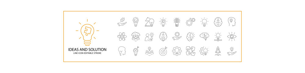 Creative Idea Solution Icon Set In Line Style. Containing innovation, line, creativity, business, symbol, brain, development, vision, startup, etc. Vector Illustration.