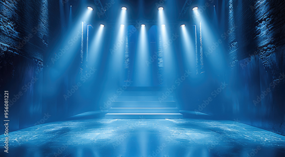 Poster Stage lights backdrop with soft blue tones providing a calming and tranquil performance environment. Generative AI.