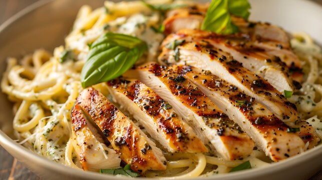 Grilled chicken slices and mozzarella cheese are atop creamy spaghetti in chicken pesto noodles