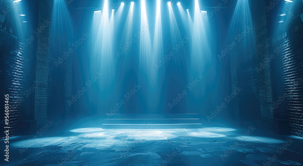 Poster stage lights backdrop with soft blue tones providing a calming and tranquil performance environment.