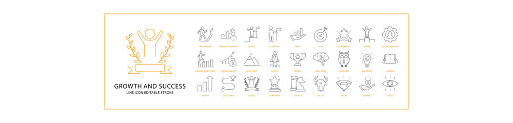 Growth And Success Icon Set In Line Style. Containing business, strategy, vector, progress, goal, chart, career, symbol, finance, profit, etc. Vector Illustration.