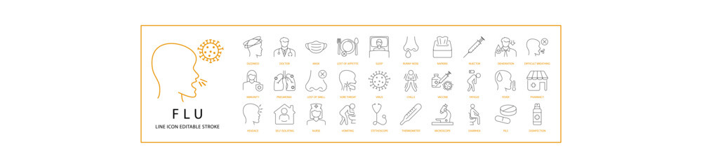 Flu Icon Set In Line Style. Containing virus, flu, epidemic, etc. Vector Illustration.