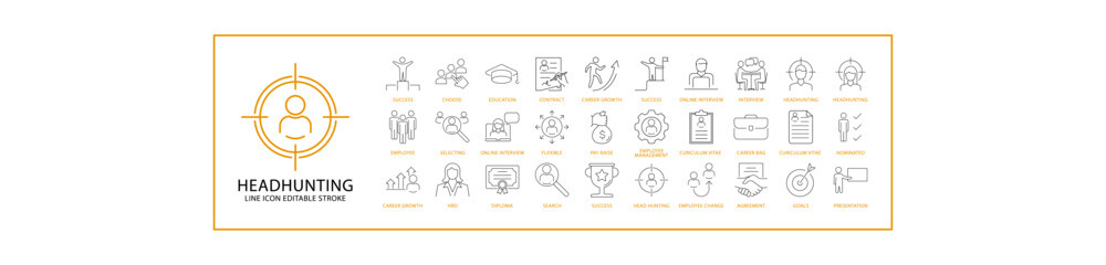 Head Hunting Icon Set In Line Style. Containing recruitment, job, business, search, symbol, career, employment, line, contract, human, work, partnership, manager, etc. Vector Illustration.
