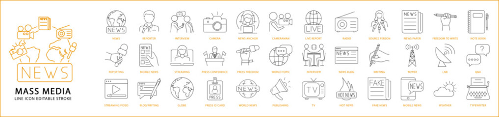 Mass Media Icon Set In Line Style. Containing mass, web, blog, press, online, internet, news, camera, etc. Vector Illustration.