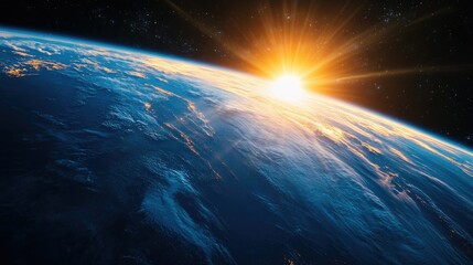 Obraz premium Spectacular blue sunrise over Earth from space, with the planet's curvature and glowing horizon in sharp detail.