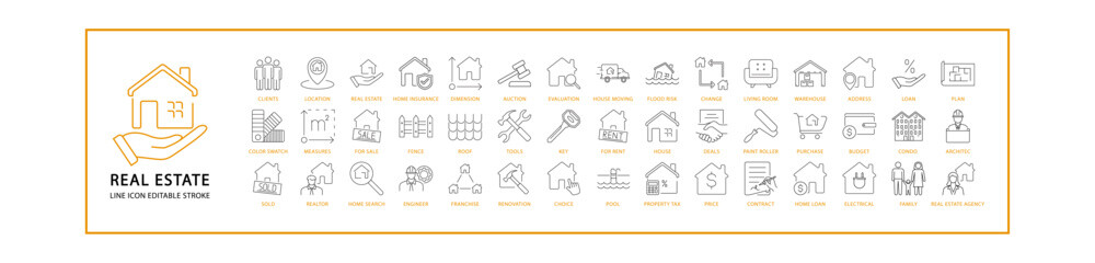 Real Estate Icon Set In Line Style. Containing apartment, home, house, building, property, rent, mortgage, residential, etc. Vector Illustration.
