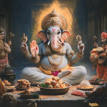 Lord Ganesha seated at the grandfeast of Kubera.