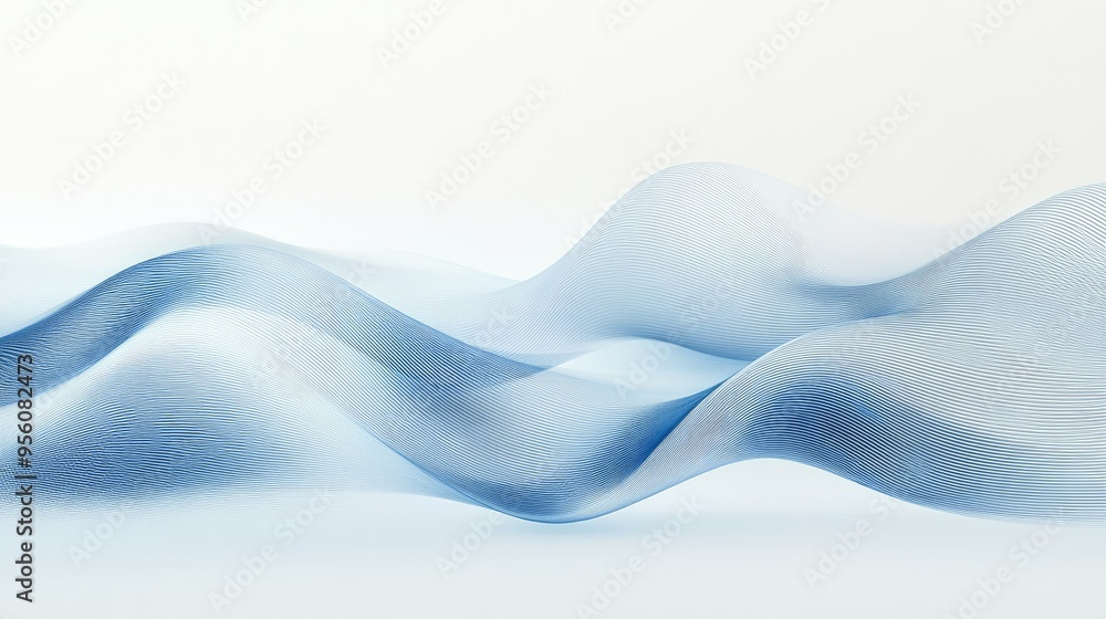 Poster subtle abstract waves of white and blue lines, undulating smoothly across a light background for a m