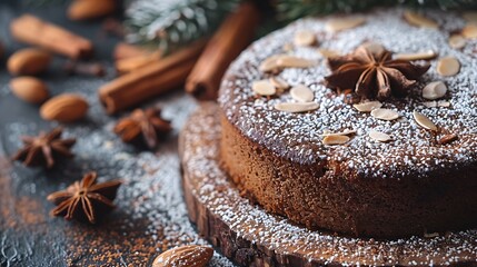 Handcrafted almond cake on a pine tabletop dusted with cinnamon powder