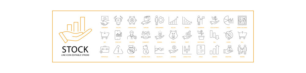 Stock Icon Set In Line Style. Containing  finance, financial, money, line, growth, investment, payment, banking, bank, etc. Vector Illustration.