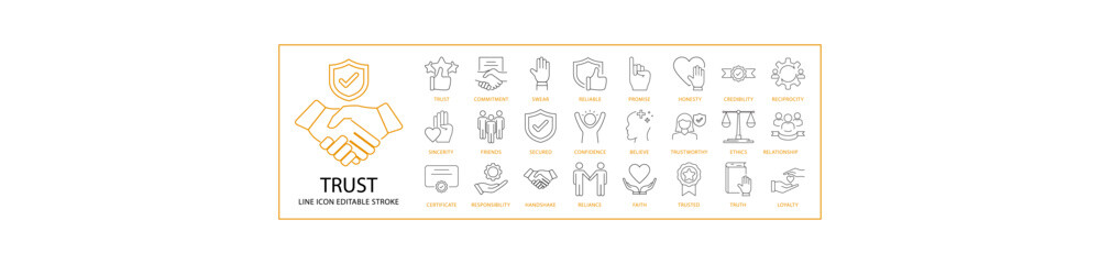 Trust Icon Set in Line Style. Containing handshake, support, social, partnership, friendship, community, business, etc. Vector Illustration.