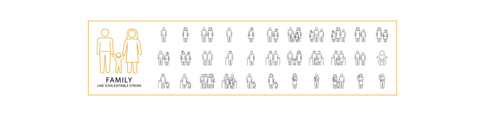 Types Of Family Structure icons. Set line people icon related to family members. Vector illustration. Editable stroke.	
