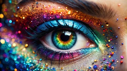 Close-up view of colorful and sparkling eye with glitter makeup