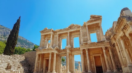 Fototapeta premium The ancient ruins of Ephesus, showcasing the grandeur of the Library of Celsus under a clear blue sky.