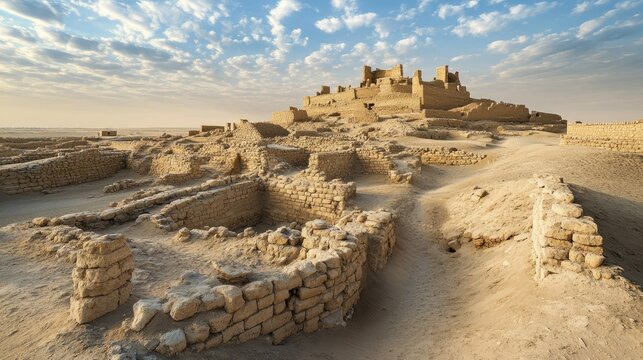 The ancient ruins of the city of Uruk, with stone structures partially buried in the sand