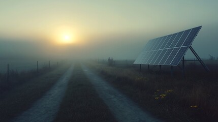 Obraz premium Solar panels in a foggy morning landscape, soft light, atmospheric mood with room for copy