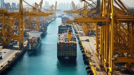The bustling scene at a UAE port, with container ships, cranes, and the busy harbor in operation.