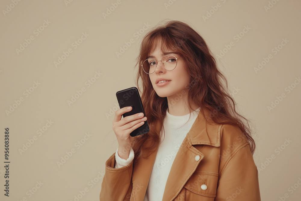 Wall mural Young woman sending voice message via smartphone. Solid simple isolated background