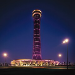 The iconic Aspire Tower in Doha lit up at night, with surrounding sports facilities. ar 16:9