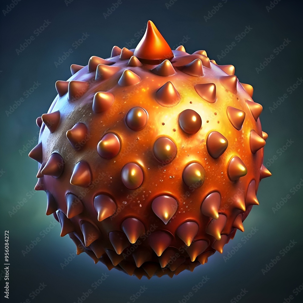 Poster a 3d rendering of a spiky. orange. biological cell. perfect for representing viruses. bacteria. or o