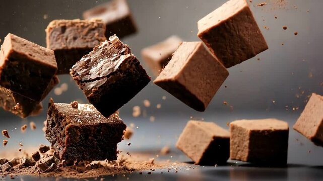 Mid-air chocolate brownies, gray backdrop, baking photography
