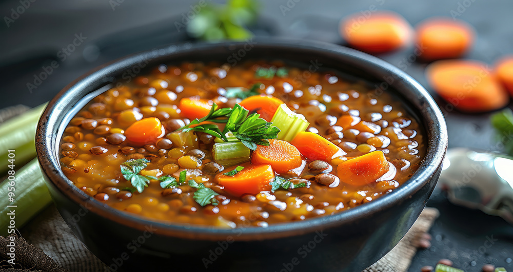 Poster a bowl of hearty lentil soup with carrots and celery. generative ai.