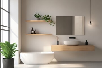 Fototapeta premium A modern bathroom featuring a freestanding tub, sink, and decorative plants.