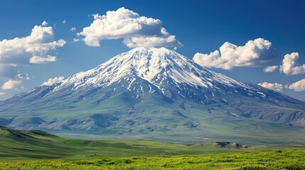 Fototapeta premium The majestic Mount Ararat with snow-capped peaks, visible from a distant green valley.