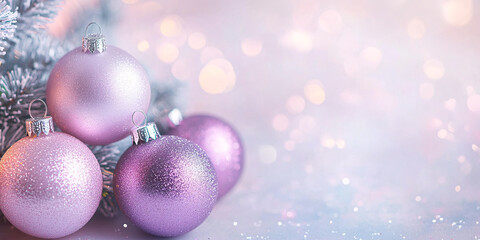 Fototapeta premium Christmas banner with pink and purple bauble ornaments with bokeh lights and copy space