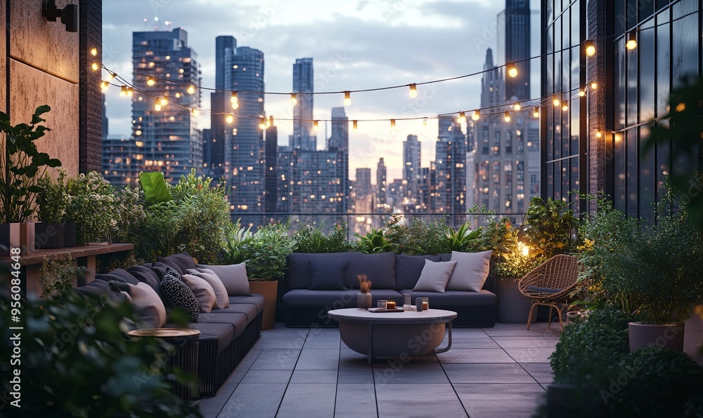 Poster A balcony with a city view and a table with a vase and a bowl